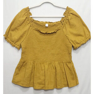Old Navy Linen Blend Babydoll Peplum Smock Top Women L Short Sleeves Gold